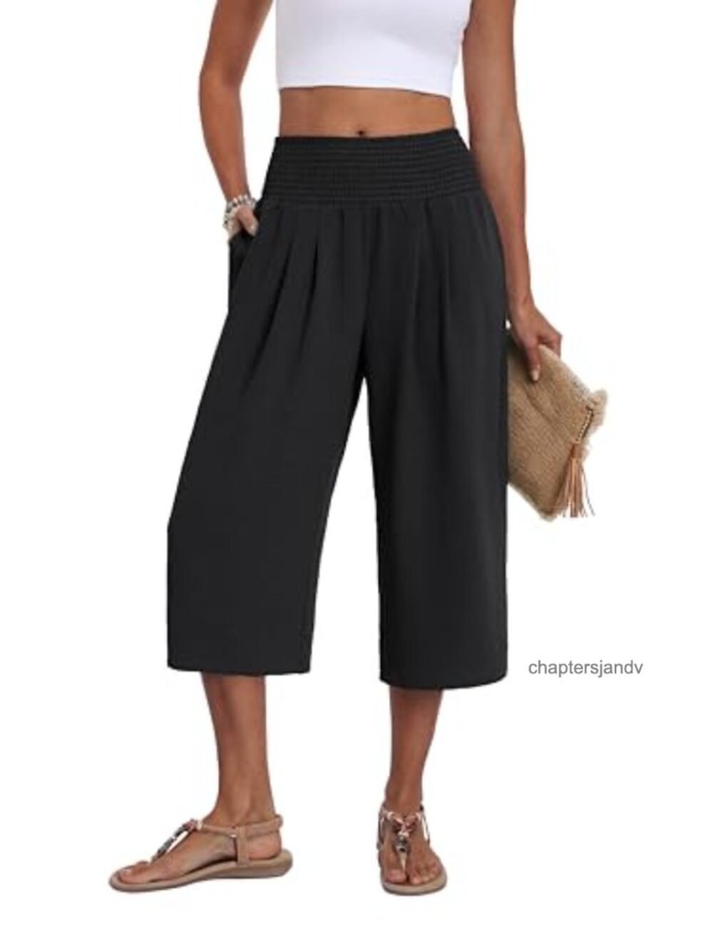 Wide Leg Capri Pants High Waisted Tummy Control Cropped Trousers with Pockets